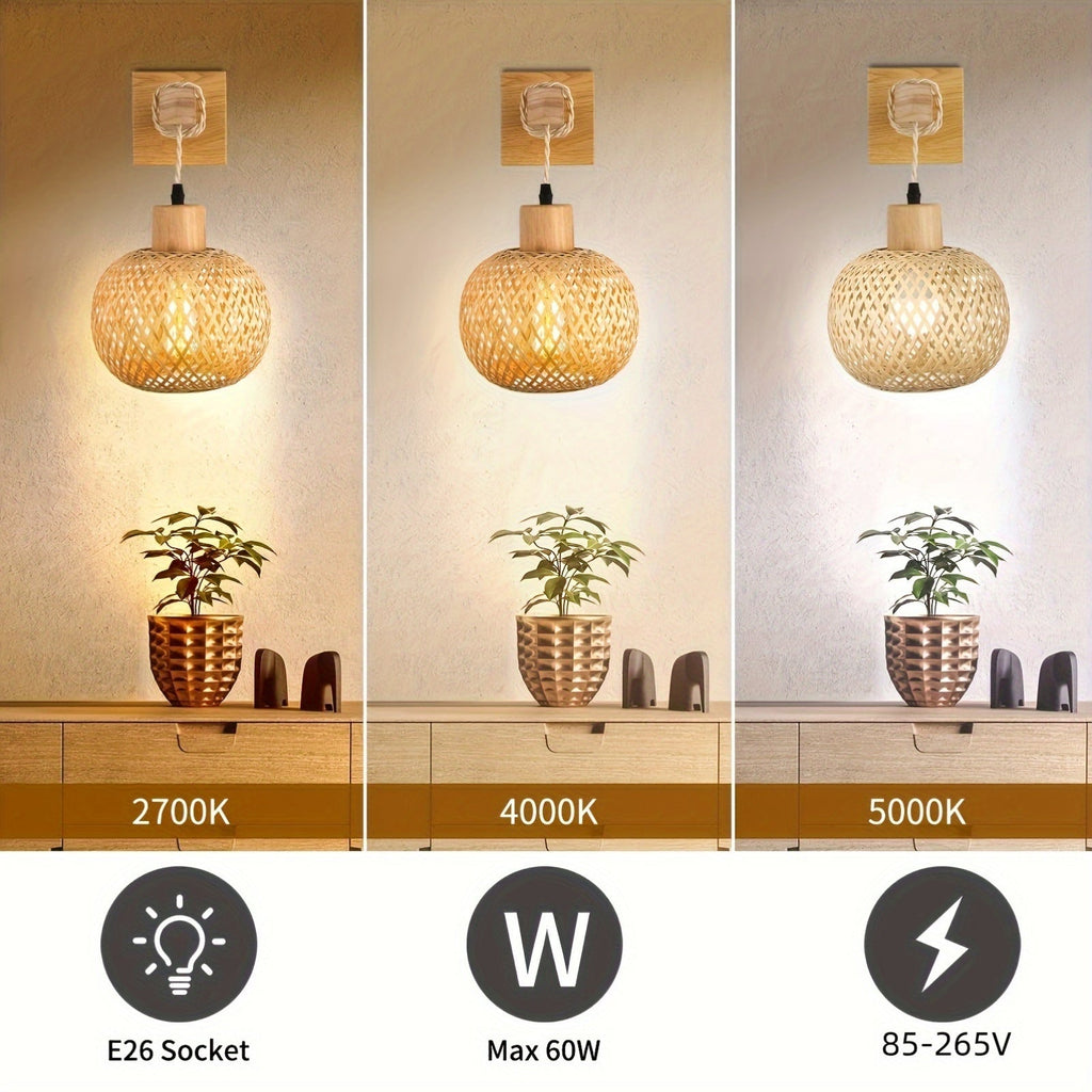 Rustic Wooden Wall Sconce | Handwoven Rattan & Wood Light Fixture