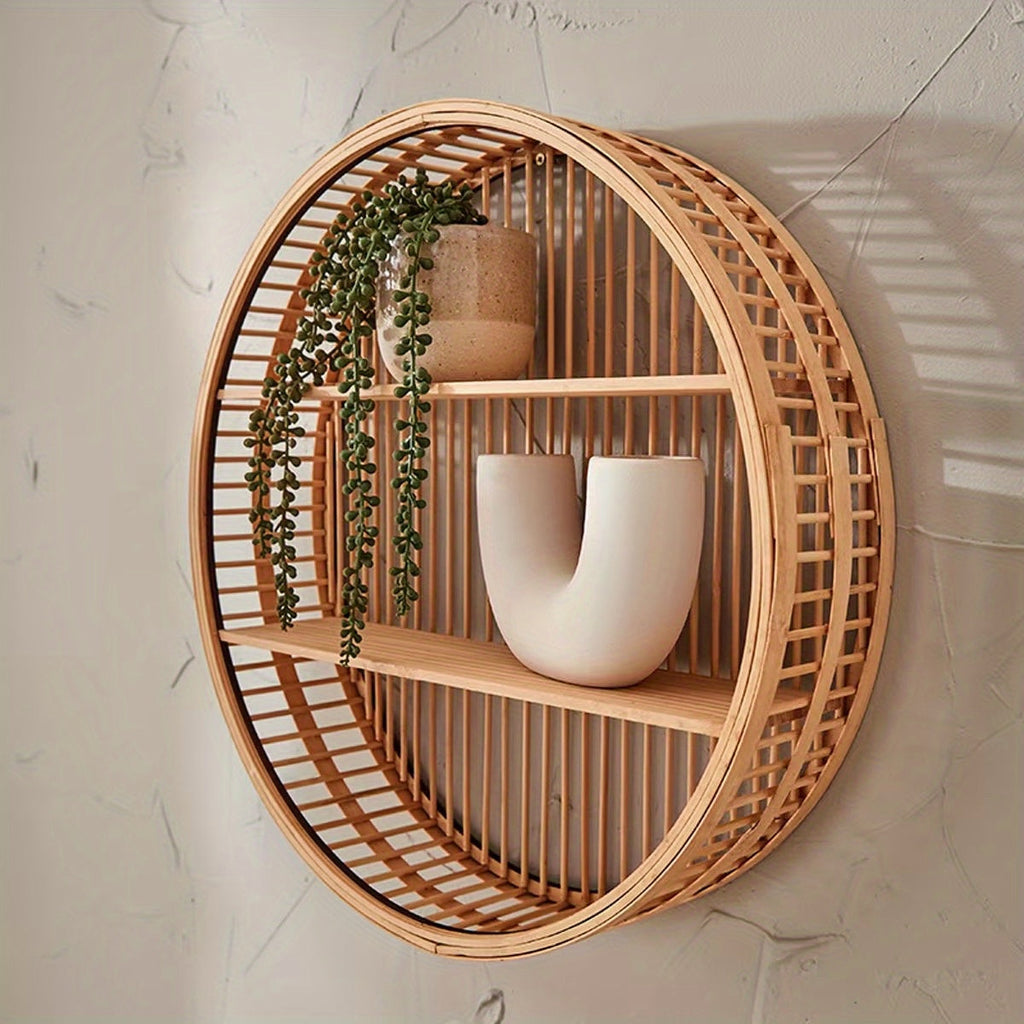 Round Bamboo Wall Shelf | Handmade Boho Floating Organizer