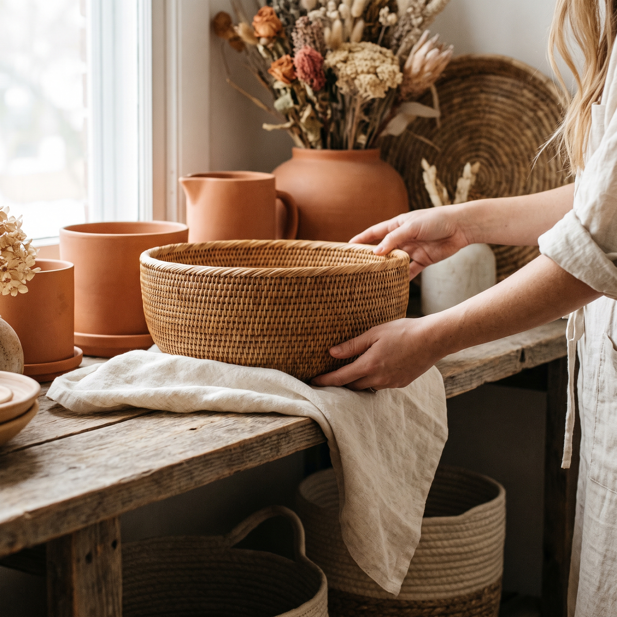 Delight Decor brand story - rattan basket and linen styling